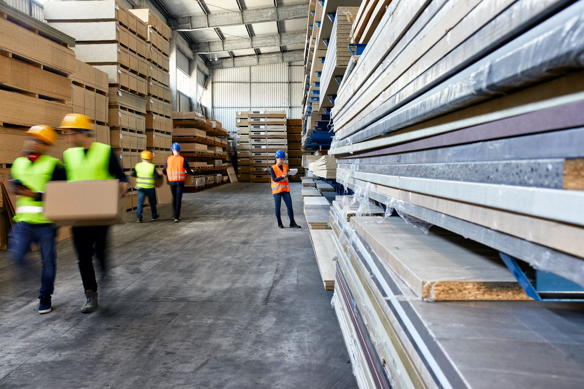 workers moving factory boxes