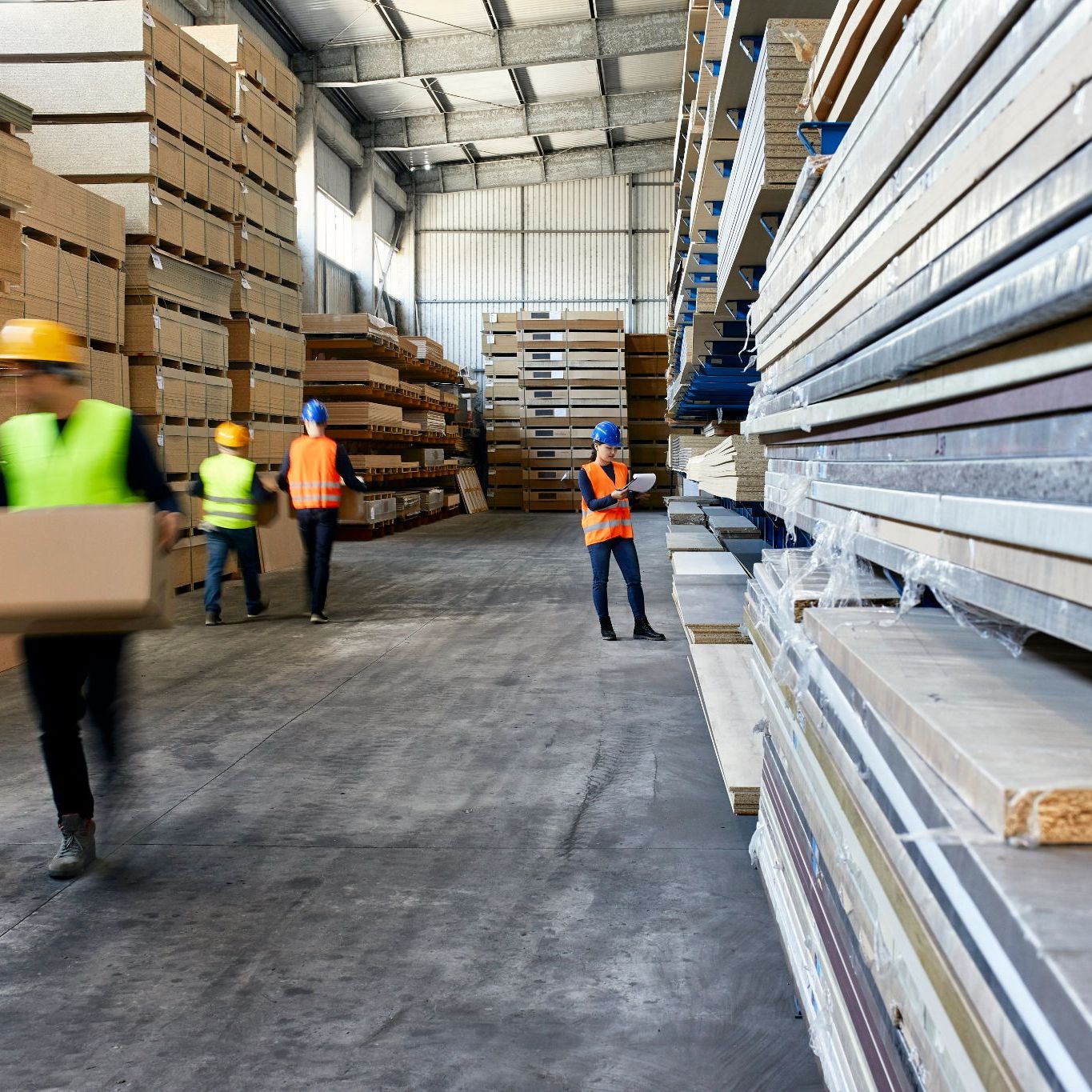 workers moving factory boxes